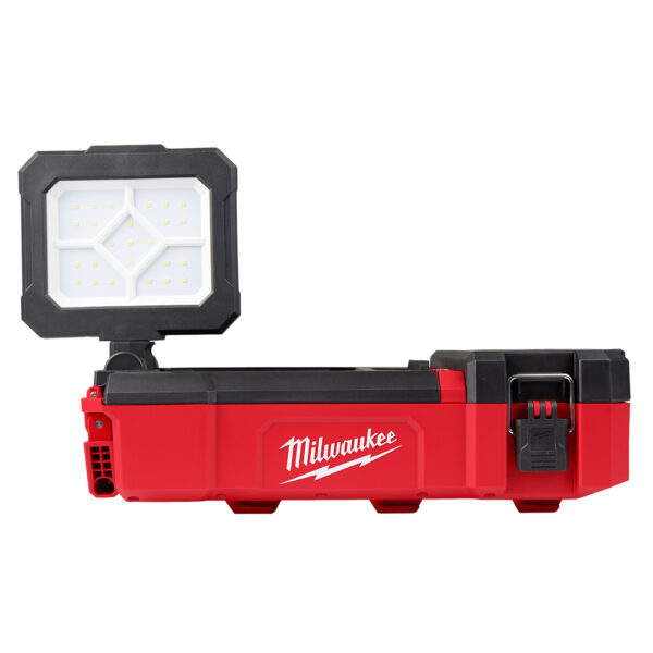 MILWAUKEE M12™ PACKOUT™ Flood Light with the LED light on top of the box and a latch on the front of the box