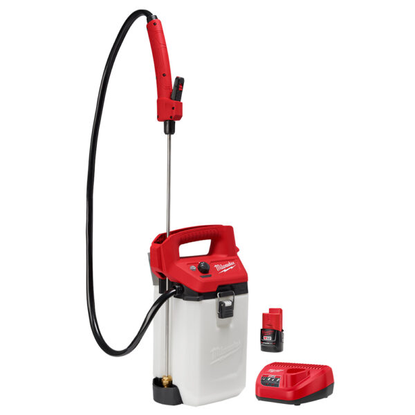 Milwaukee 2 gallon sprayer, an M12 battery, and a battery charger