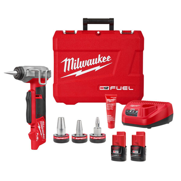 Milwaukee M12 FUEL ProPEX Expander Kit with changeable heads, 2 batteries, a battery charger, and a case