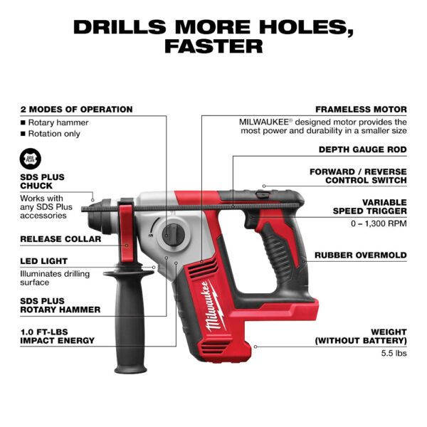 MILWAUKEE M18™ Cordless 5/8" SDS Plus Rotary Hammer (Tool Only) 2