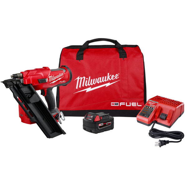 Milwaukee cordless framing nailer, Milwaukee battery, a battery charger, and a contractor&#039;s bag