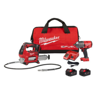 Milwaukee high torque impact wrench, grease gun, battery charger, 2 batteries, and contractor bag