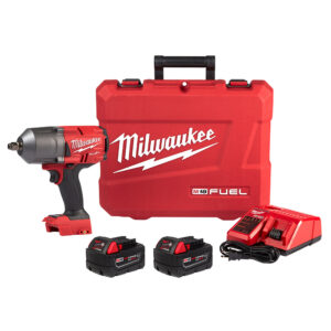 Milwaukee 1/2" impact wrench, 2 batteries, a battery charger, and a carrying case