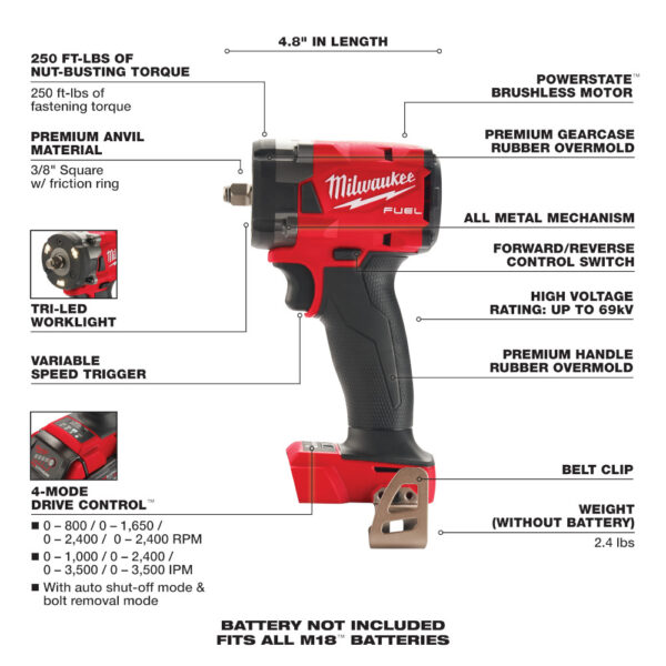 MILWAUKEE® M18 FUEL™ 3/8&quot; Compact Impact Wrench w/ Friction Ring (Tool Only) - Image 4