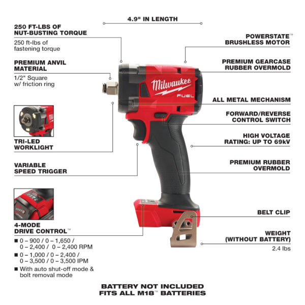 MILWAUKEE® M18 FUEL™ 1/2&quot; Compact Impact Wrench w/ Friction Ring (Tool Only) 4