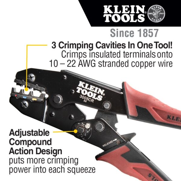 KLEIN Ratcheting Crimper, 10-22 AWG - Insulated Terminals 6