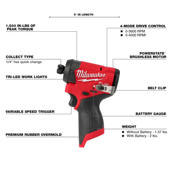 MILWAUKEE M12 FUEL™ 1/4&quot; Hex Impact Driver (Tool Only) 3