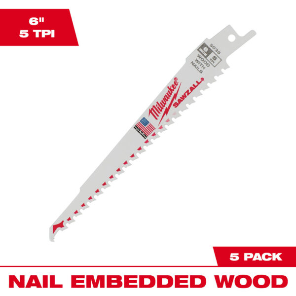 MILWAUKEE® 6&quot; SAWZALL® Nail Embedded Wood Blades 5/PK 1