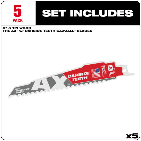 MILWAUKEE® 6" SAWZALL® The AX™ with Carbide Teeth Wood Blades 5/PK 2