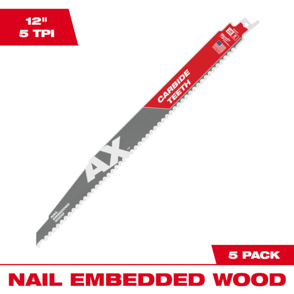 MILWAUKEE® 12&quot; SAWZALL® The AX™ with Carbide Teeth Wood Blades 5/PK 1
