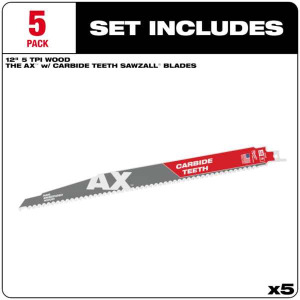MILWAUKEE® 12" SAWZALL® The AX™ with Carbide Teeth Wood Blades 5/PK 2