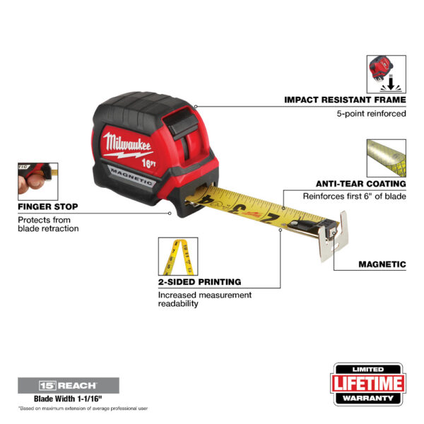 MILWAUKEE® Compact Wide Blade Magnetic 16&#039; Tape Measure 3