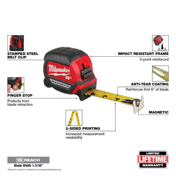 MILWAUKEE® Compact Wide Blade Magnetic 25&#039; Tape Measure 3