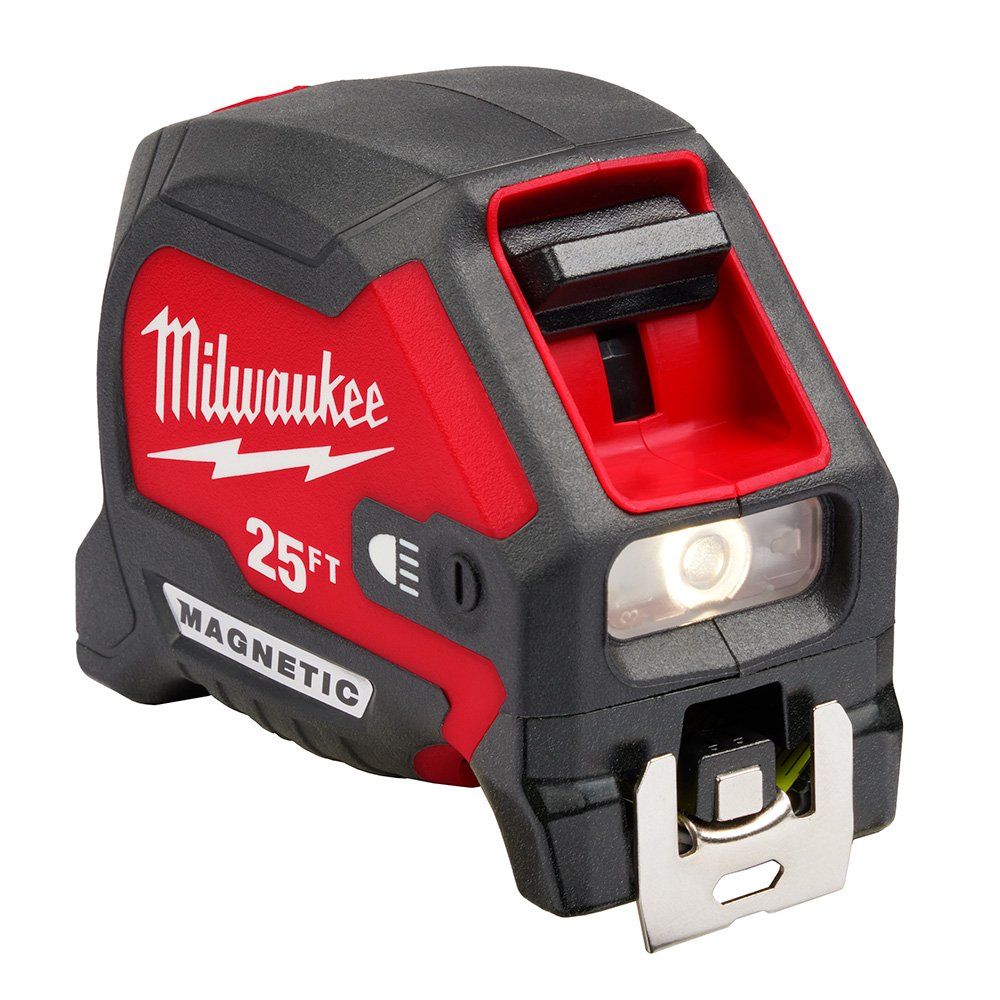 MILWAUKEE 25ft Compact Wide Blade Magnetic Tape Measure w/ Rechargeable  Light - Contractor Cave Tools