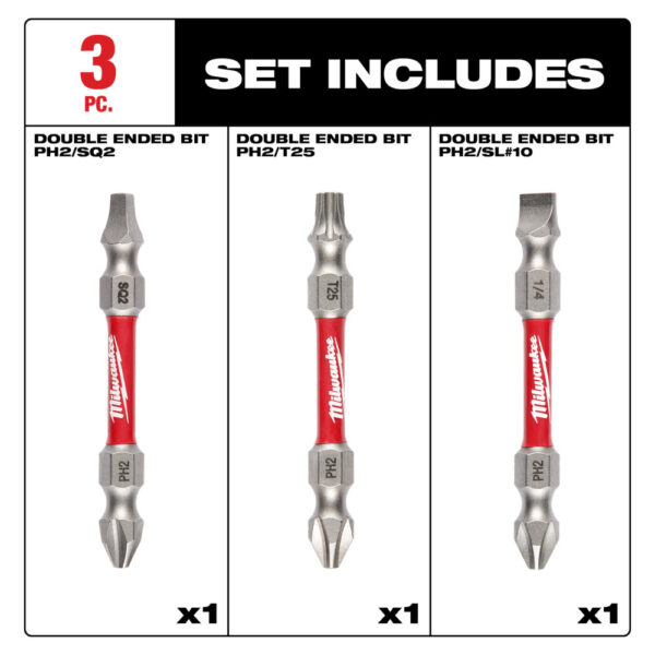 MILWAUKEE SHOCKWAVE Impact Duty™ PH2/SQ2/T25 Double Ended Bits 3PC 4