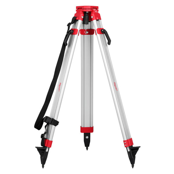 Milwaukee rotary laser tripod with a black carrying strap, black feet, 3 silver extendable legs, and a red top