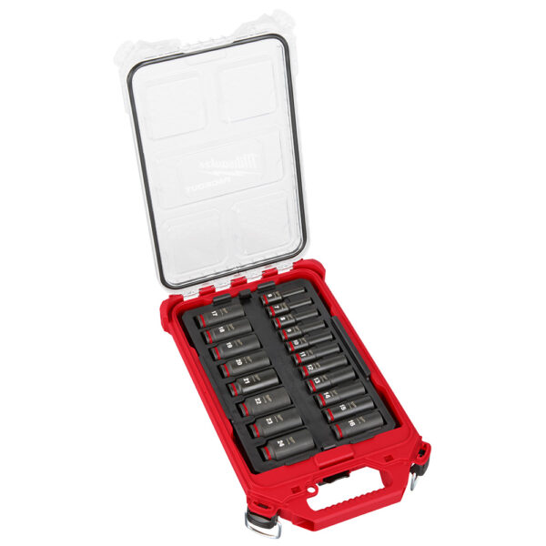 Milwaukee SHOCKWAVE Impact Duty™ Socket 3/8” Drive 19Piece Metric PACKOUT Set. Black impact sockets in 2 rows in the case. Case has a clear lid that is open.