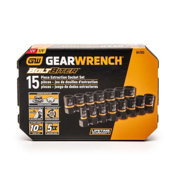 GEARWRENCH 15 Pc. 1/4&quot; &amp; 3/8&quot; Drive Bolt Biter™ Impact Extraction Socket Set 4