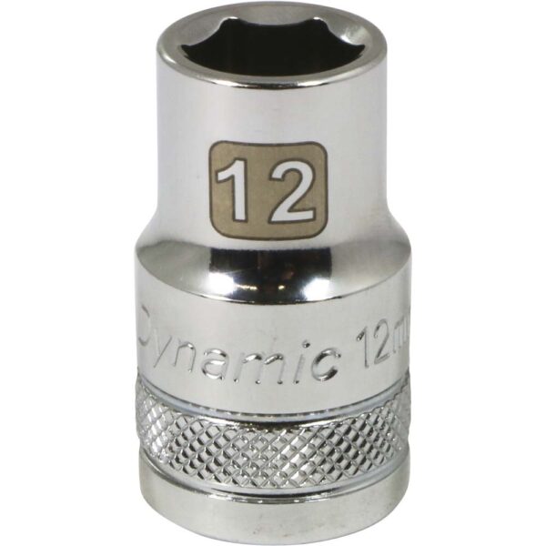 D016012 Dynamic 12mm 6 point shallow chrome socket 1/2” drive with knurled ring for grip