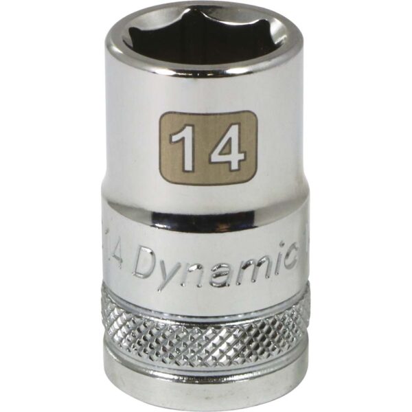 D016014 Dynamic 14mm 6 point shallow chrome socket 1/2” drive with knurled ring for grip