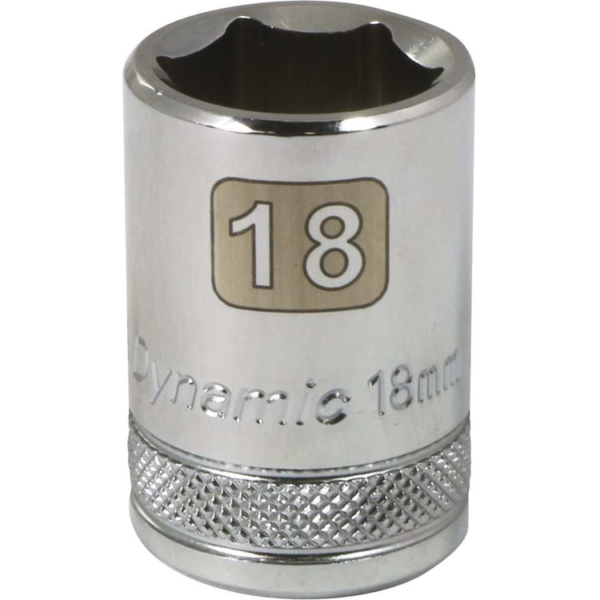 D016018 Dynamic 18mm shallow 6 point chrome socket 1/2” drive with knurled ring for grip