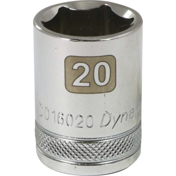 D016020 Dynamic 20 mm 6 point shallow chrome socket 1/2” drive with knurled ring for grip