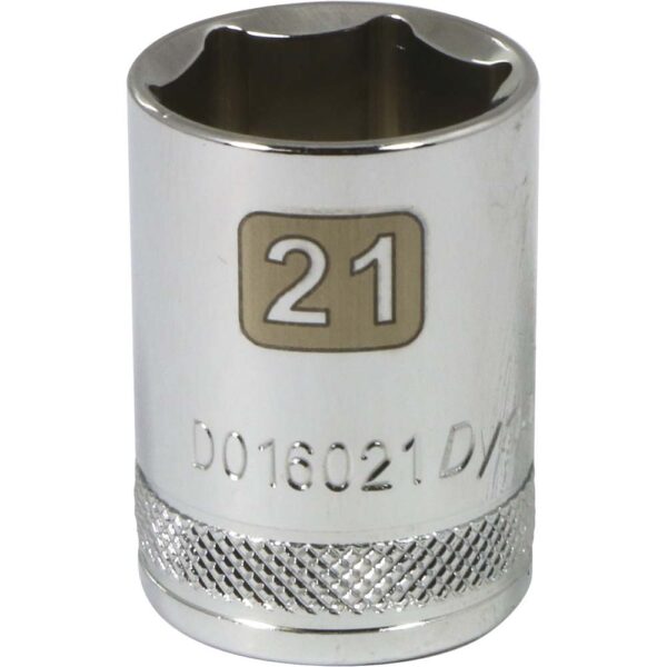 D016021 Dynamic 21mm 6 point shallow chrome socket 1/2” drive with knurled ring for grip