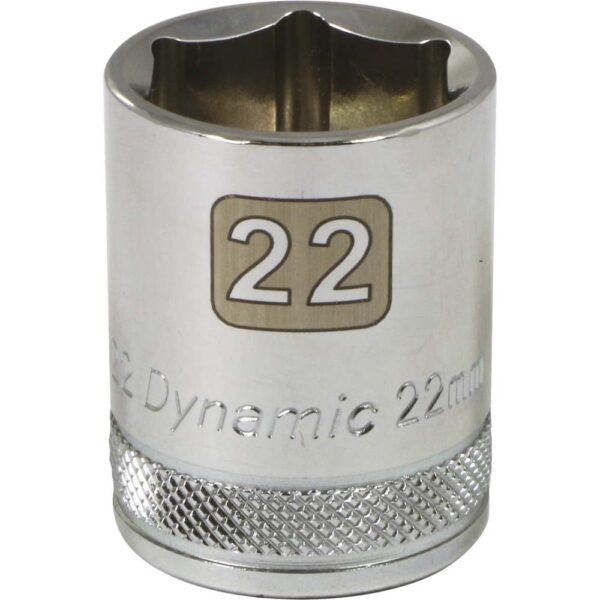 D016022 Dynamic 22mm 6 point shallow chrome socket 1/2” drive with knurled ring for grip