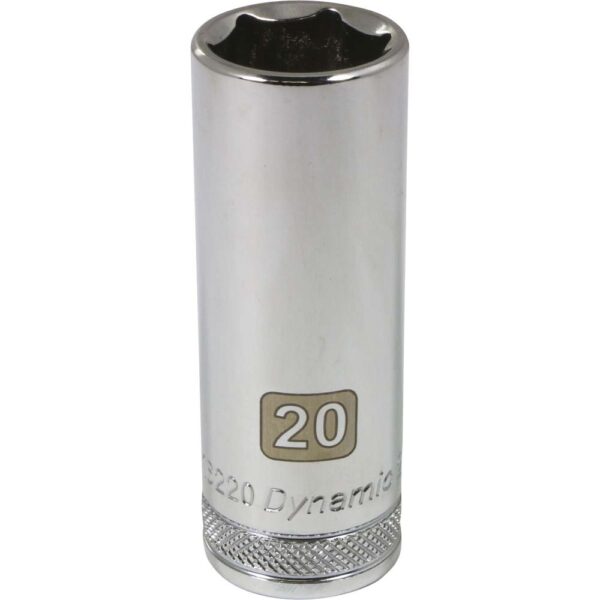 D016220 Dynamic 20mm 6 point deep chrome socket 1/2” drive with knurled ring for grip