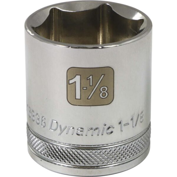 D016336 Dynamic 1-1/8” 6 point shallow chrome socket 1/2” drive with knurled ring for grip