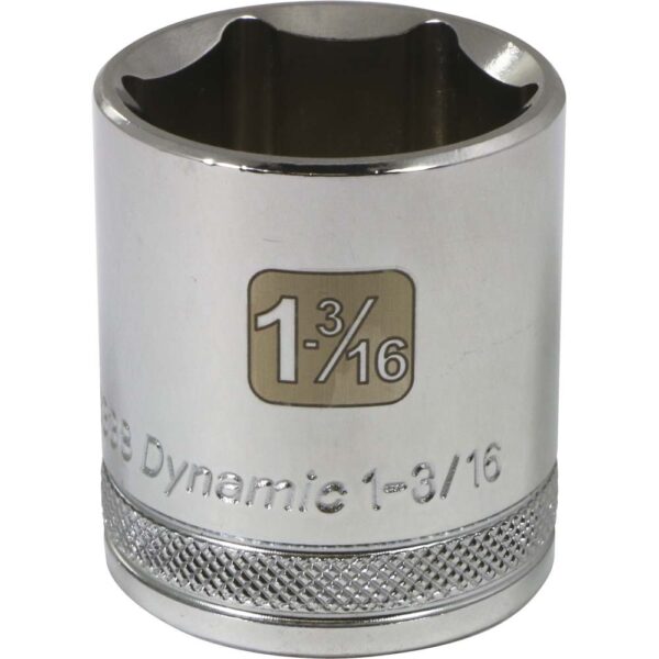 D016338 Dynamic 1-3/16” 6 point chrome shallow socket 1/2” drive with knurled ring for grip