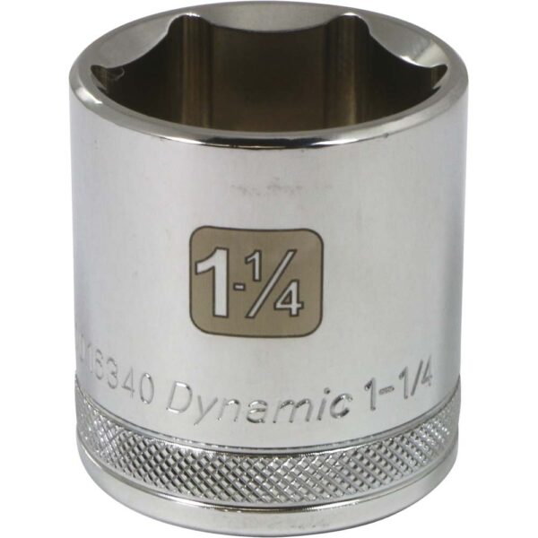 D016340 Dynamic 6 point shallow 1-1/4” chrome socket 1/2” drive with knurled ring