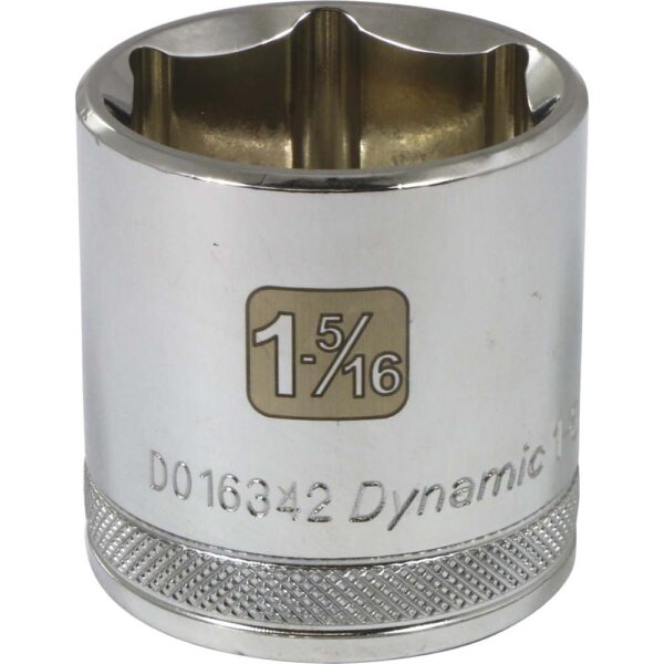 D016342 Dynamic 1-5/16” 6 point shallow chrome socket 1/2” drive with knurled ring for grip