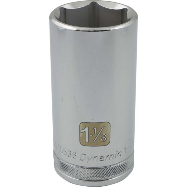 D016536 Dynamic 1-1/8” 6 point deep chrome socket 1/2” drive with knurled ring for grip