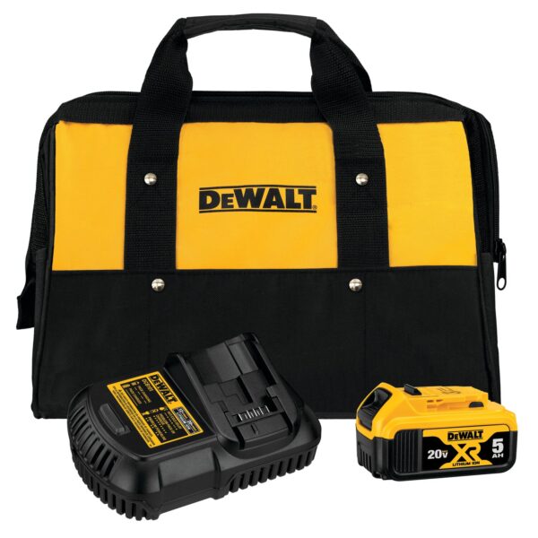 DEWALT 20V MAX* 5.0Ah Starter Kit with a battery, charger, and bag
