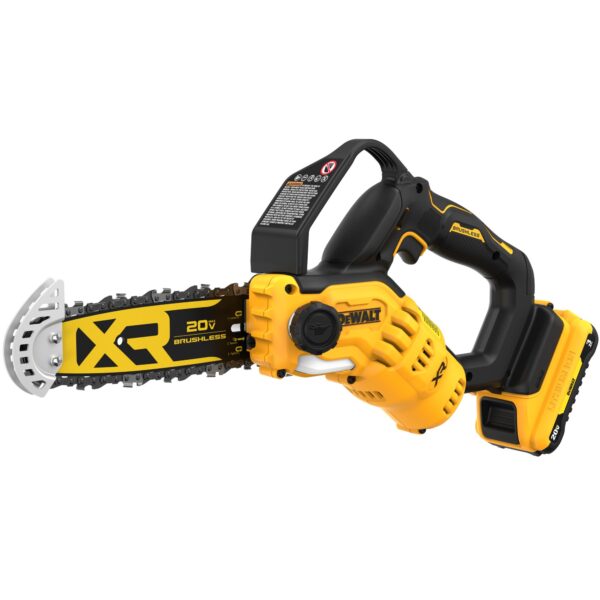 Lightweight and compact, the 20V MAX* 8 in. Cordless Pruning Chainsaw has a high-efficiency brushless motor designed to maximize runtime and motor life with up to 70 cuts per charge.