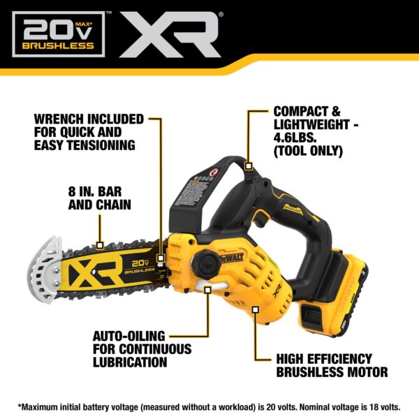 DEWALT 20V MAX* 8 in. Brushless Cordless Pruning Chainsaw Kit w/3 Ah Battery 2