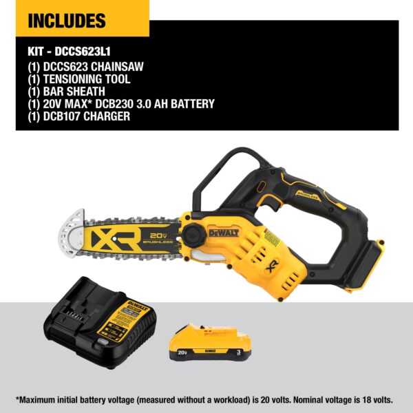 DEWALT 20V MAX* 8 in. Brushless Cordless Pruning Chainsaw Kit w/3 Ah Battery 3