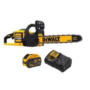 The Dewalt FLEXVOLT 60V MAX* Chainsaw features a 16" bar and chain, and a high-efficiency brushless motor maximize run time and motor life.