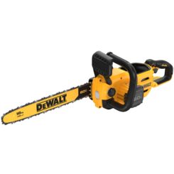 DeWALT 60V MAX Brushless Cordless 18 inch Chainsaw with 2 black handles, a black hand brake, a yellow bar and a chain