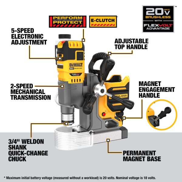 DEWALT 20V MAX* Brushless Cordless 2&quot; Magnetic Drill Press w/FLEXVOLT ADV. Kit 5