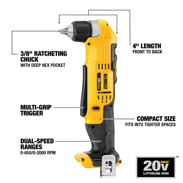 DEWALT 20V MAX* Lithium Ion 3/8&quot; Right Angle Drill/Driver (Tool Only) 2