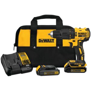Dewalt cordless hammer drill/driver kit features two 20V MAX* lithium ion batteries, charger, and tool bag.