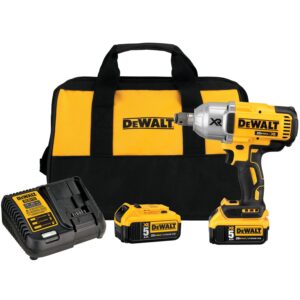 Dewalt 3/4" drive impact wrench, 2 batteries, a charger, and a contractor's bag