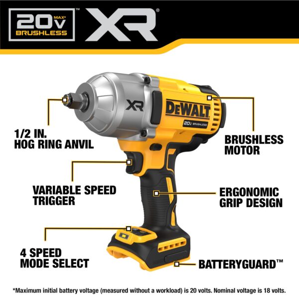 DEWALT 20V MAX* XR® 1/2 In. High Torque Impact Wrench w/Hog Ring (Tool Only) 5