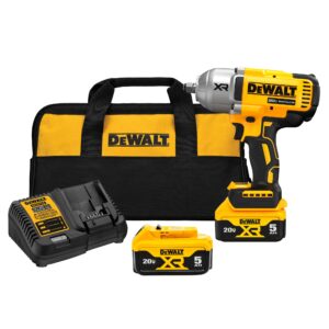 Dewalt 1/2" impact wrench, 2 batteries, a charger, and a contractor's bag