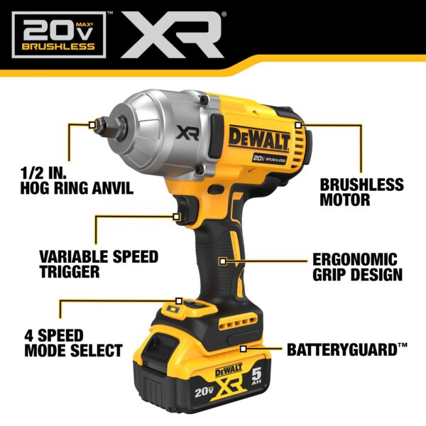 DEWALT 20V MAX* XR® 1/2 In. High Torque Impact Wrench w/Hog Ring Anvil Kit 5