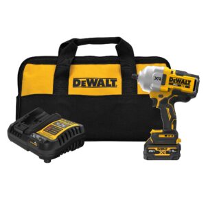DEWALT 20V MAX 1/2 in. High Torque Impact Wrench, a battery, a battery charger, and a contractor's bag