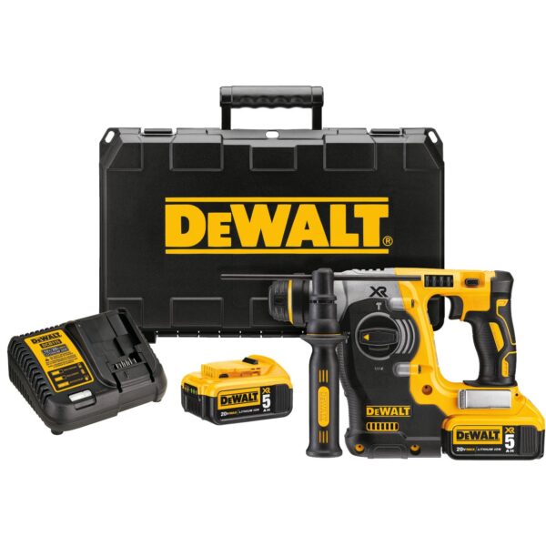Dewalt SDS Plus Hammer Drill, 2 Dewalt Batteries, a battery charger, and a carrying case