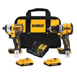 Dewalt 20V MAX XR® Brushless 2-Tool Kit includes one drill/driver, impact driver, two 2Ah batteries, a charger, and kit bag